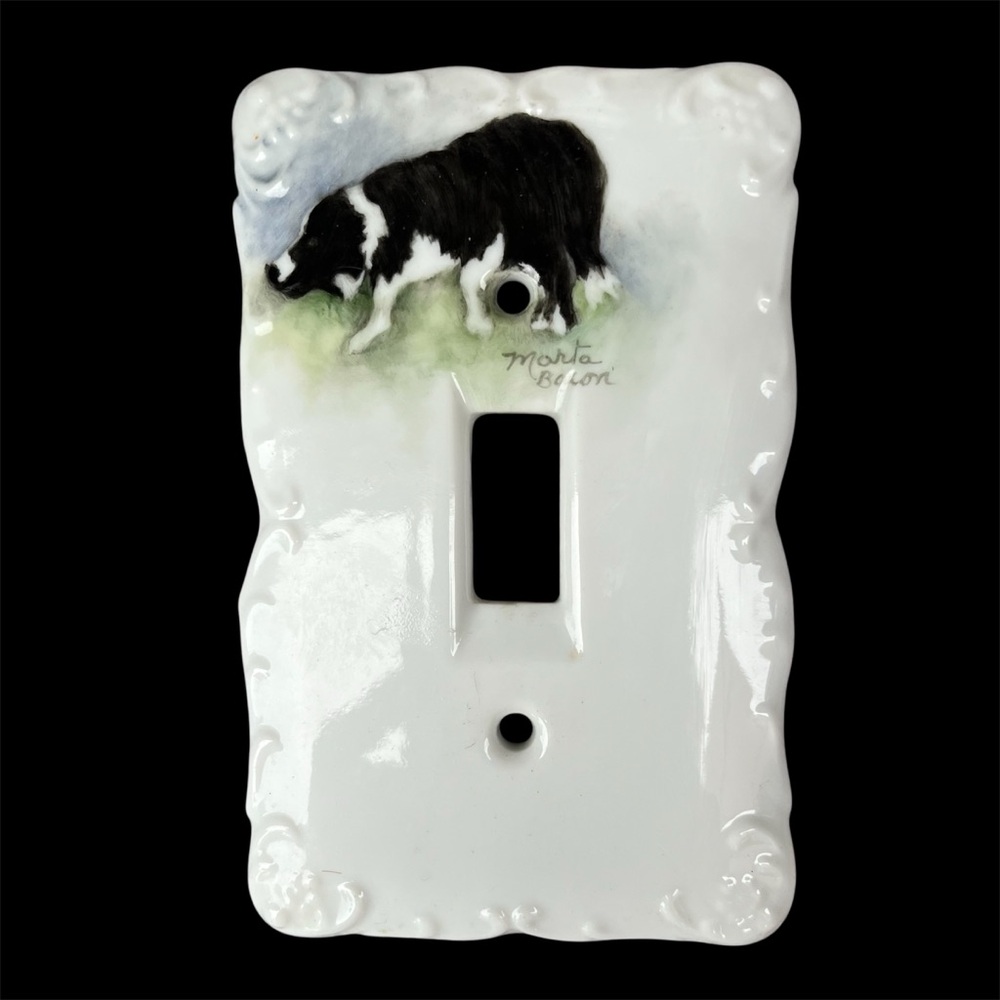 Border Collie White Hand Painted Porcelain Light Switch Cover Herding Dog Home